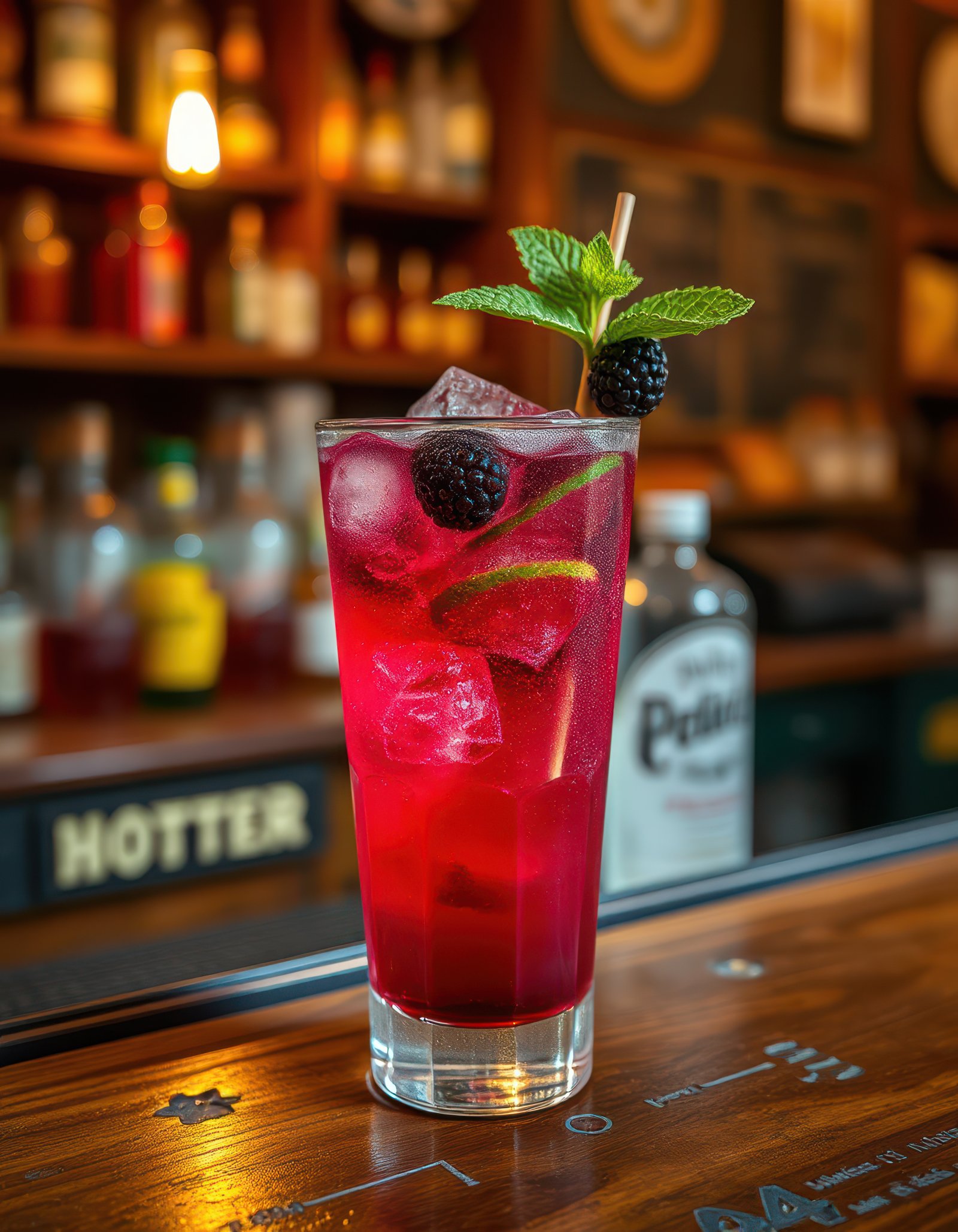 Refreshing berry cocktail with mint served at a vibrant bar during the evening hours